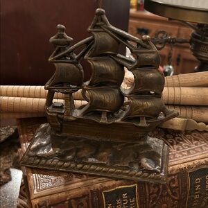 Vintage Brass Ship Bookend in Bronze Finish